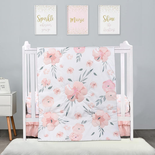 PINNKKU 3-Piece Crib Bedding Set for Boy Girls, Includes Crib Skirt, Blanket, Sheet, Baby Bedding, Floral, Mini Size