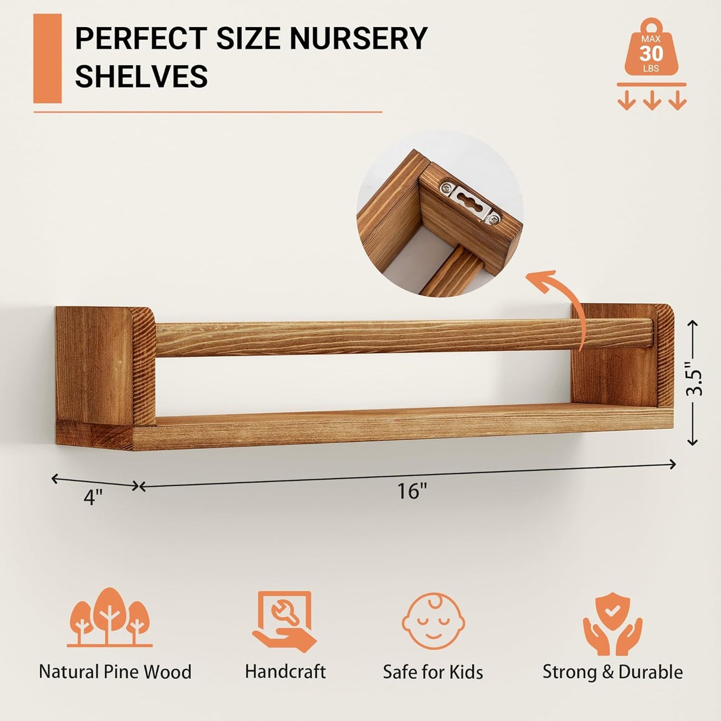 Heimlove Nursery Floating Shelves, Nursery Book Shelves for Wall, 16 inch Wall Bookshelf for Kids Solid Wood Wall Mounted Shelves for Books,Toys and Decor Storage, Set of 2