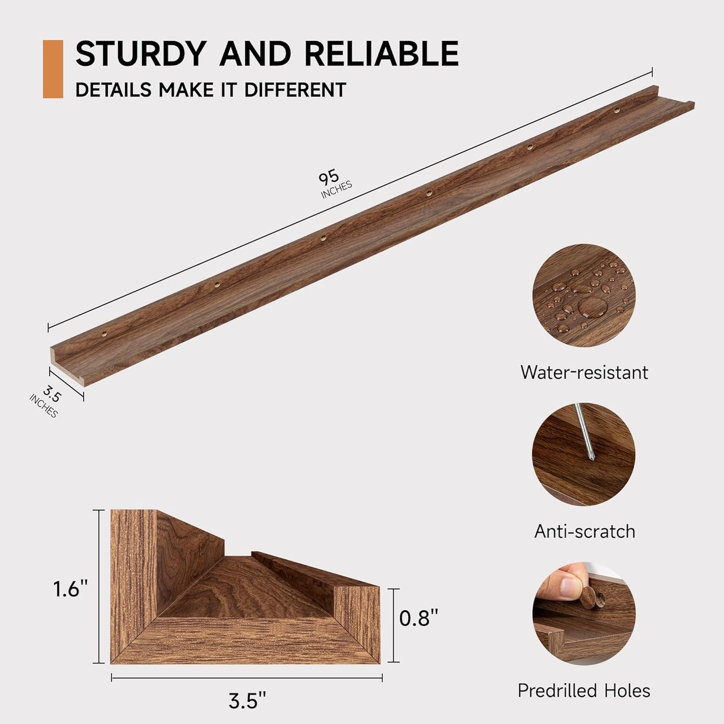 Floating Picture Ledge Shelves for Wall Set of 2, 95 Inches Picture Ledge Shelf with Long Large Nursery Book Shelf for Toys Storage Kids Bookshelf Wall Mounted Living Room Bedroom Decor Frames, Walnut