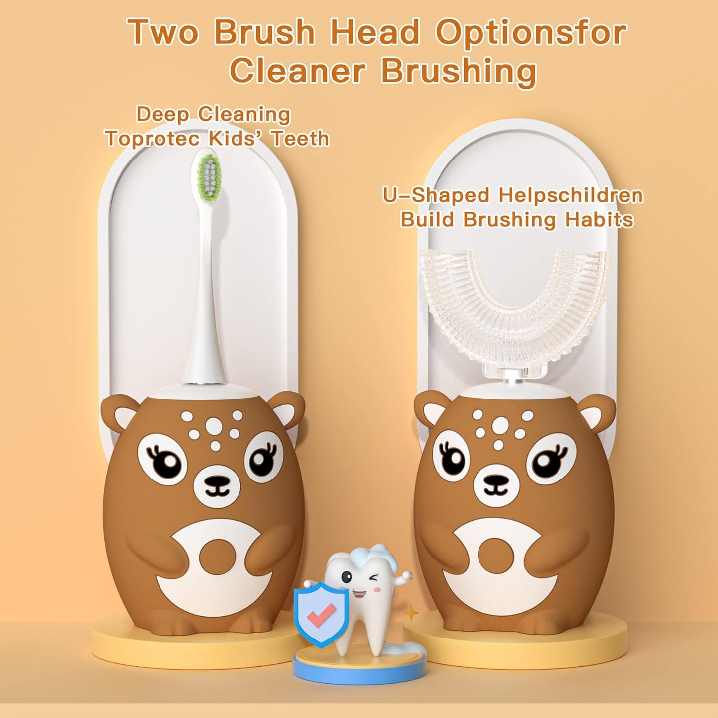 Kids Electric Toothbrushs U Shaped Sonic Automatic Toothbrush with 4 Brush Heads, Six Cleaning Modes,Cartoon Deer Modeling, Full Mouth Toothbrush for Baby