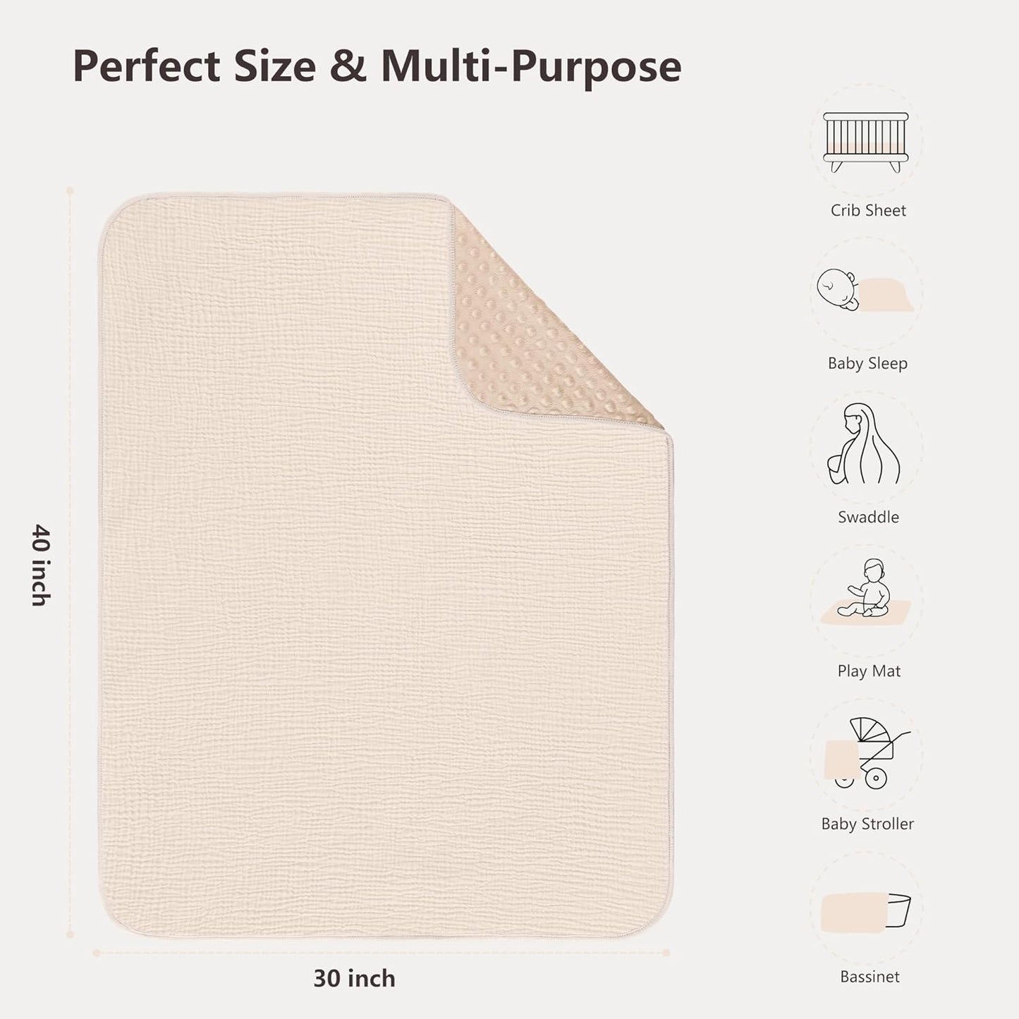 Susurration Baby Blanket for Unisex Boys Girls, Soft Nursery Minky Blanket with Muslin Cotton Front and Dotted Fleece Back, Receiving Blanket for Baby Newborn Infant, 30x40inch (Cream)