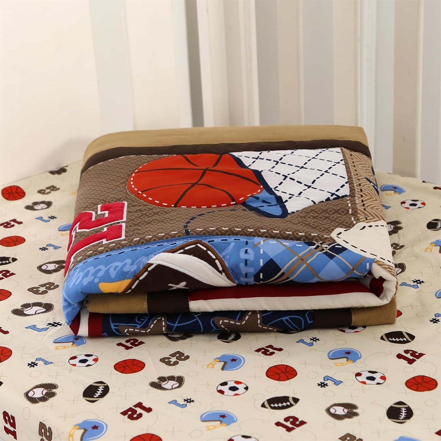 Wowelife Sports Crib Bedding Set for Boys, Premium 3-Piece Baby Bedding Set Brown Football Basketball Rugby Crib Bed Set Baseball Soft with Crib Comforter, Skirt and Sheet, Brown