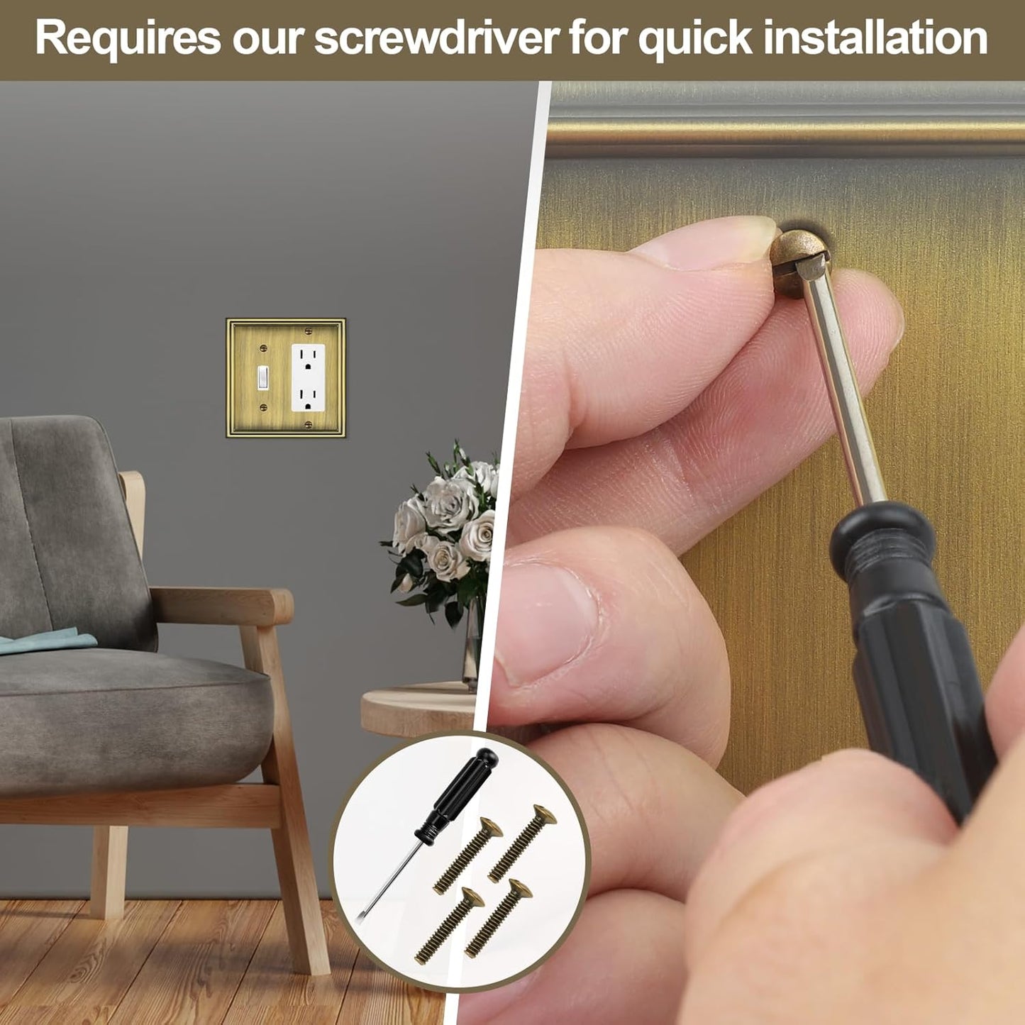 Combination Metal Light Switch Covers Wall Plate, 1 Toggle/1 Decorator Switch Plate Outlet Covers Antique Brass Decorative 2 Gang Wall Plate - Classic Style, 3 Pack