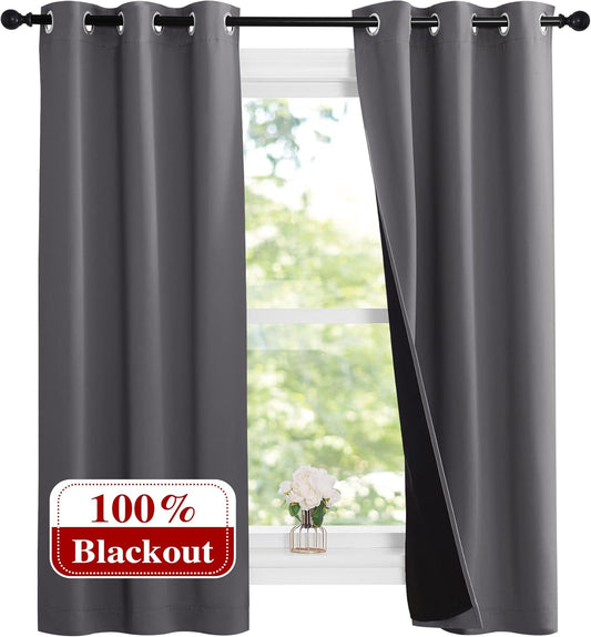 NICETOWN 100% Blackout Short Curtains with Black Liners, 2 Panels, 37" W by 60" L, Grey, Solid Thermal Insulated Full Blackout 2-Layer Lined Drapes, Energy Efficiency Window Draperies for Bedroom