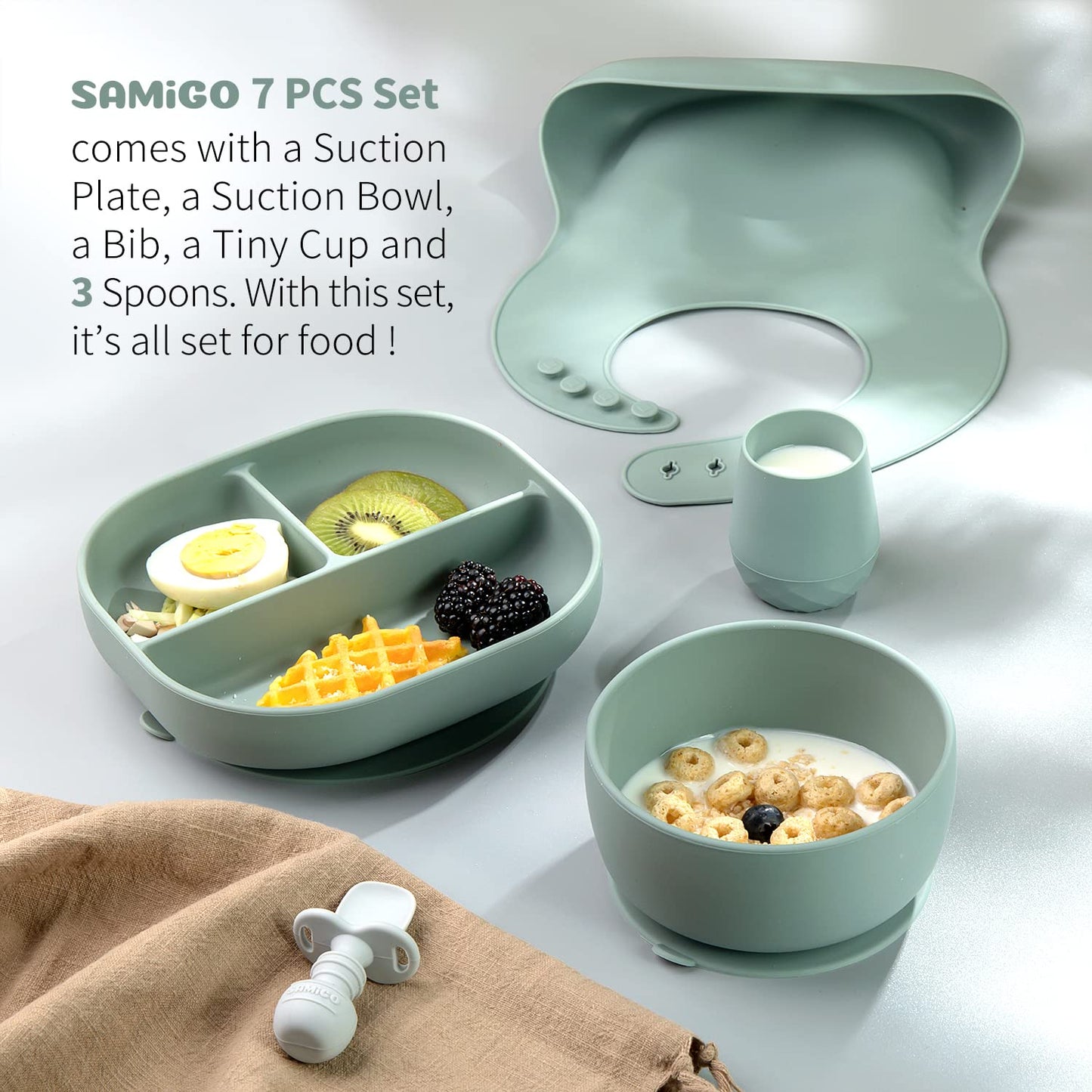 SAMiGO Silicone Baby Feeding Set, Baby Led Weaning Supplies, Suction Bowl Plate Bib Cup Self Feeding Spoons, Solid Food Eating Essentials, First Stage Utensils, 6+ Months
