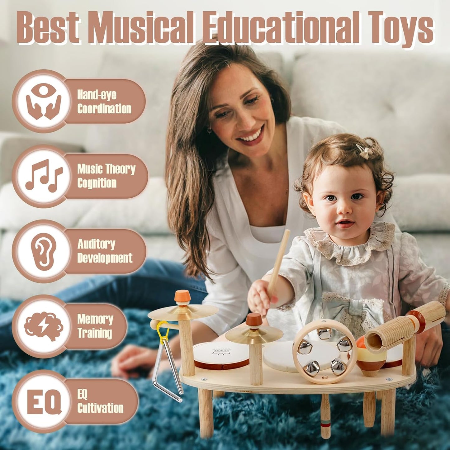 Kids Drum Set - Montessori Toys for 2 Year Old Boy Girl Birthday Gifts, 11 in 1 Wooden Musical Instruments for Toddlers 2-3, Musical Activity Table Preschool Learning Toys for Baby 18+ Months