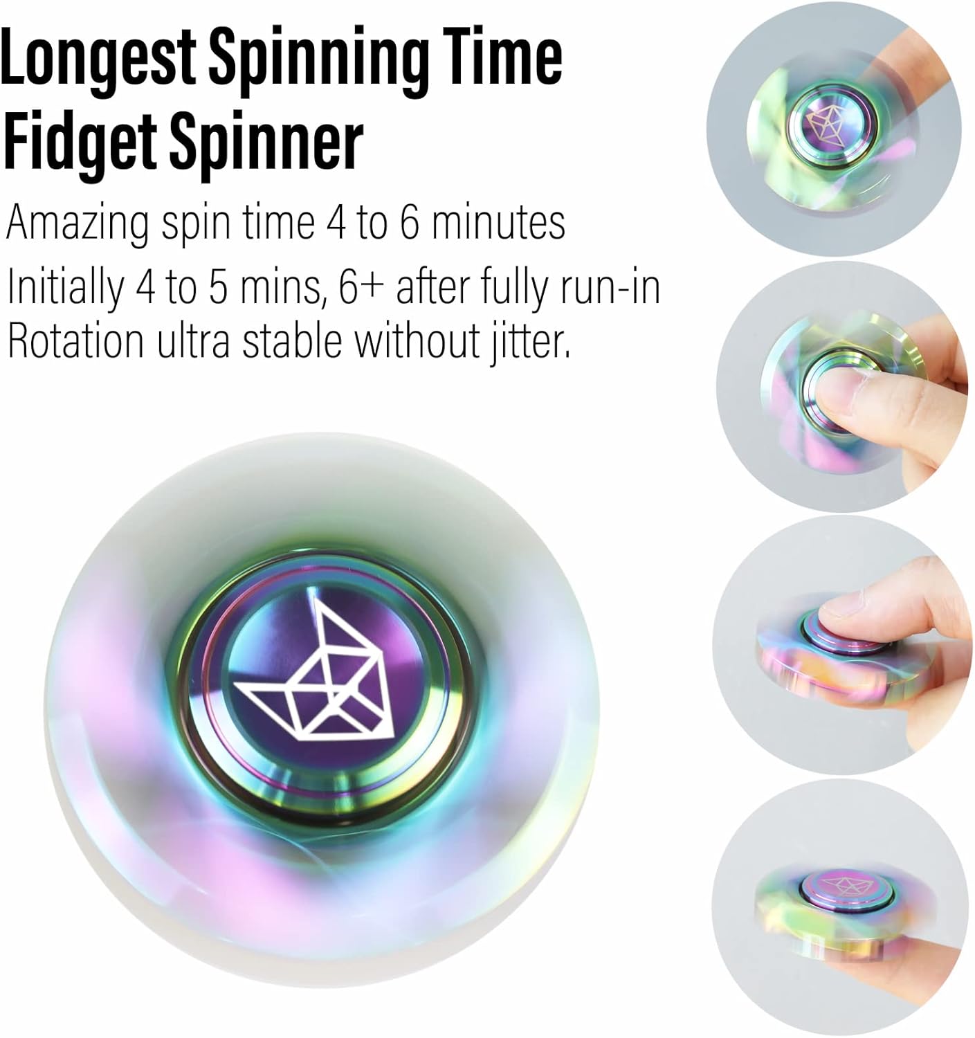 FREELOVE Metal Fidget Spinner, Stainless Steel Heavy, Long Spinning Toys, Cool Silent, Small Mini Fox Figette Spiner for Adults Men Anxiety, Quiet Bearing, Rainbow