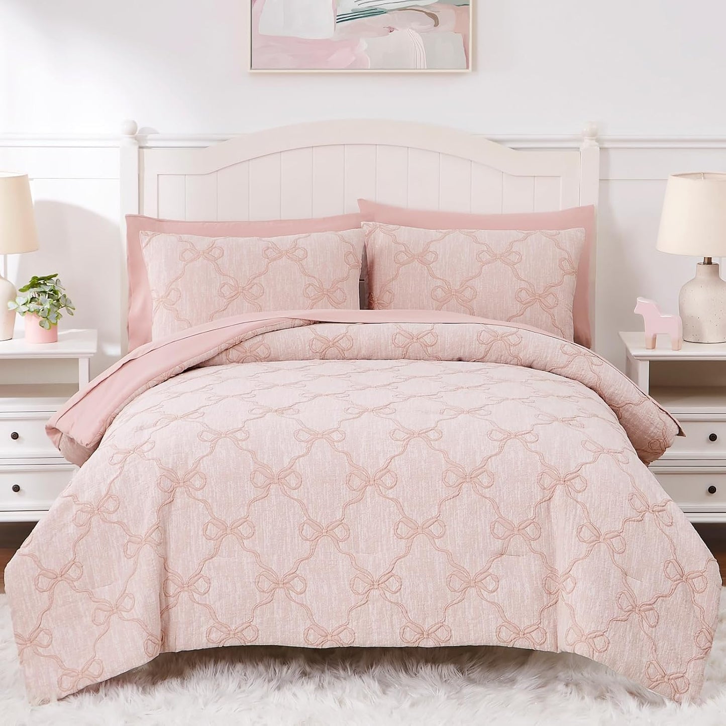 Queen Comforter Set with Sheets for Girls-7 Pieces Queen Bedding Sets with Pink Comforter, Sheets, Pillowcases & Shams for Kids (Pink Diamond, 90" X 90")