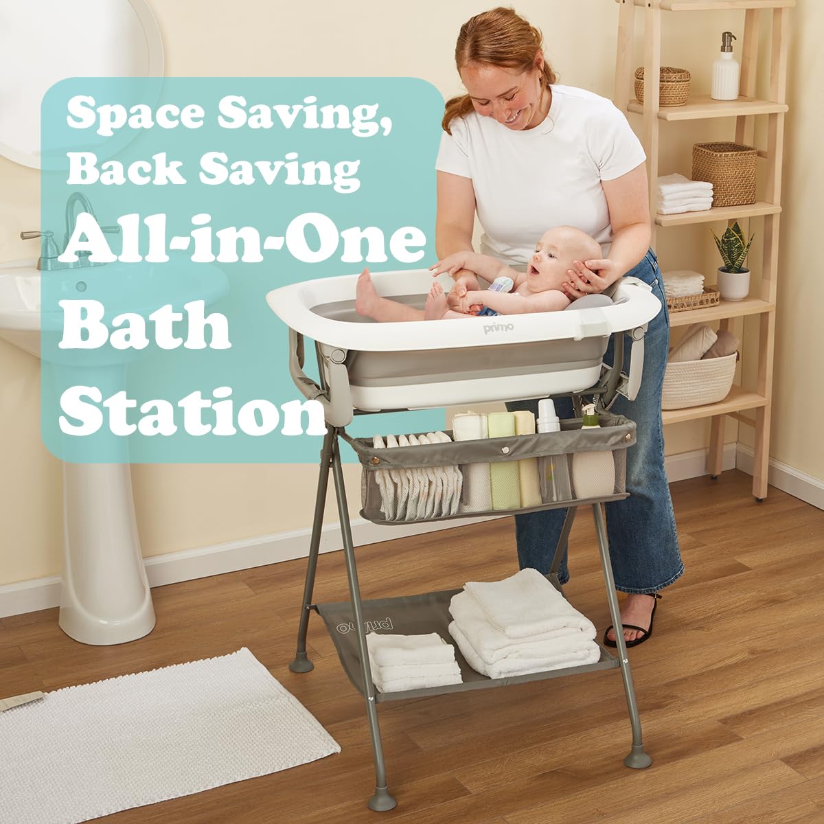 Primo SquishSplash Collapsible Baby Bath & Folding Stand With Ergonomic Infant Cushion for Newborns & Toddlers - Complete Bathing Station - Compact Space Saving Design, Ages 0-24 Months