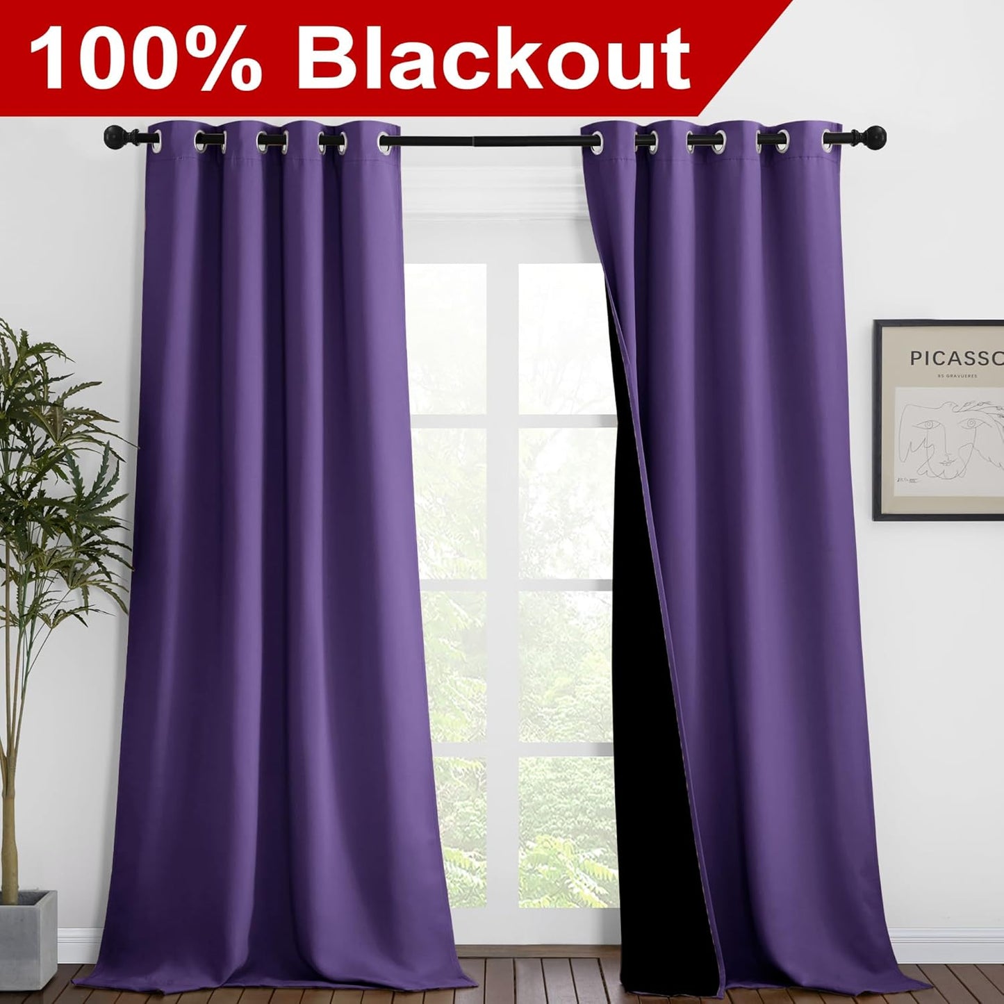 NICETOWN 100% Blackout Blinds, Set of 2, 46 inches x 96 inches, Laundry Room Decor Window Treatment Curtains for Large Patio Sliding Door, Thermal Insulated Lilac Purple Curtains for Bedroom