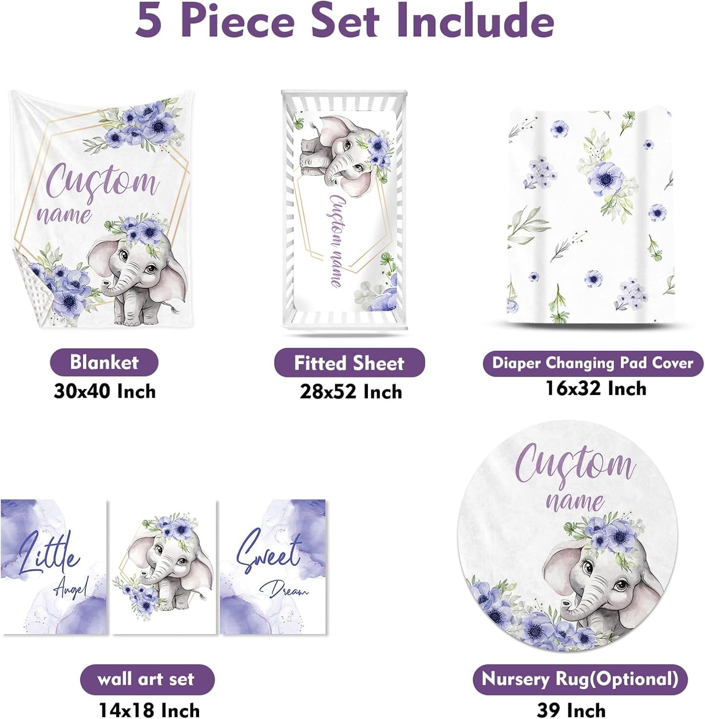 Personalized Baby Crib Bedding Set for Baby Girls, Purple Flower Pattern Elephant Theme Custom Name Baby Crib Sets 5-Pcs, Toddler Double Layer Blanket Fitted Sheets Changing Pad Cover Rug Wall Art Set
