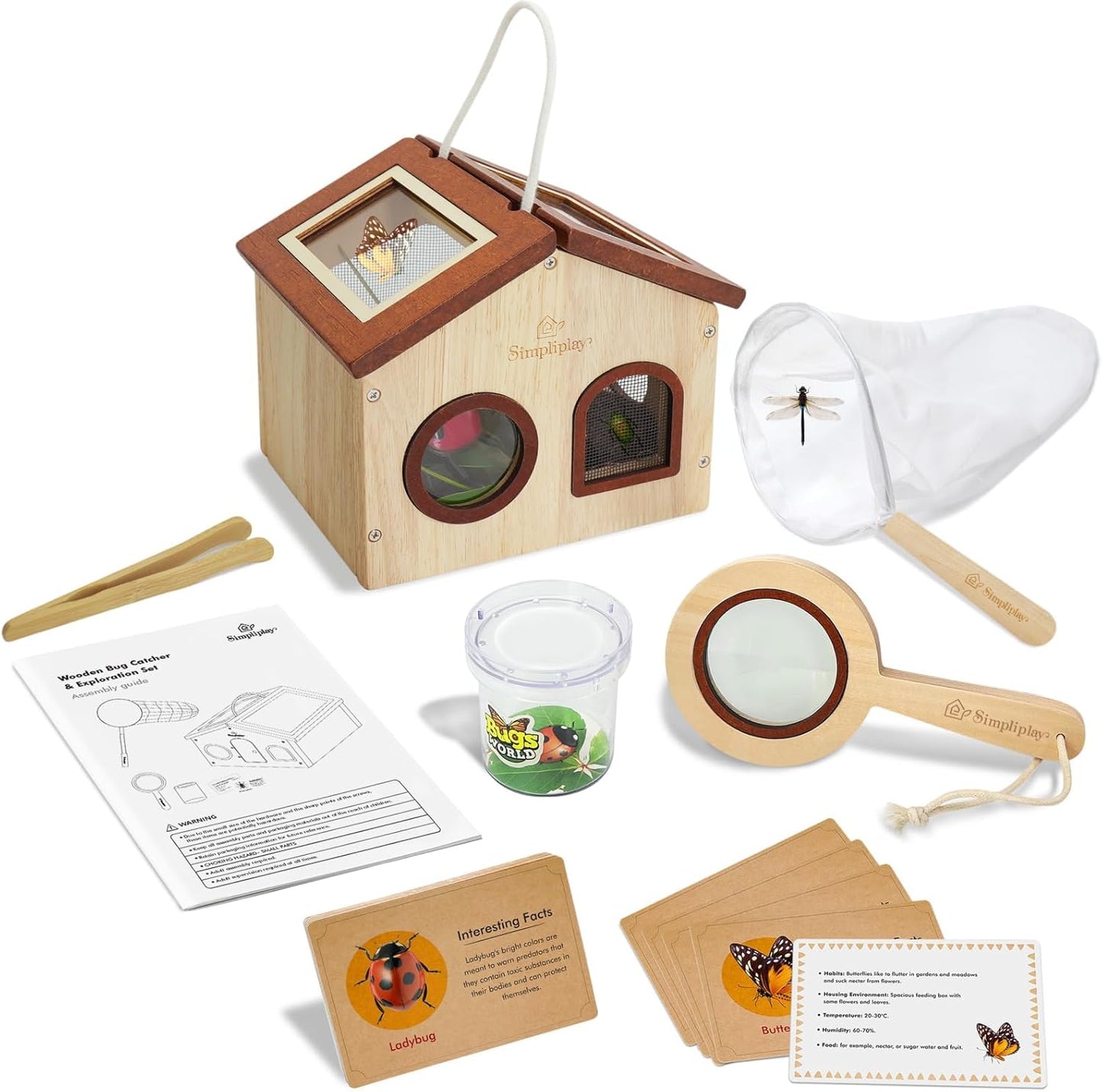 Kids Bug Catching Kit, 6-in-1 Nature Discovery Kit with Breathable Wooden Critter Habitat House, 15 Insert Cards, Magnifying Glass, Butterfly Net, Summer Outside Toys, Gift for Boys & Girls