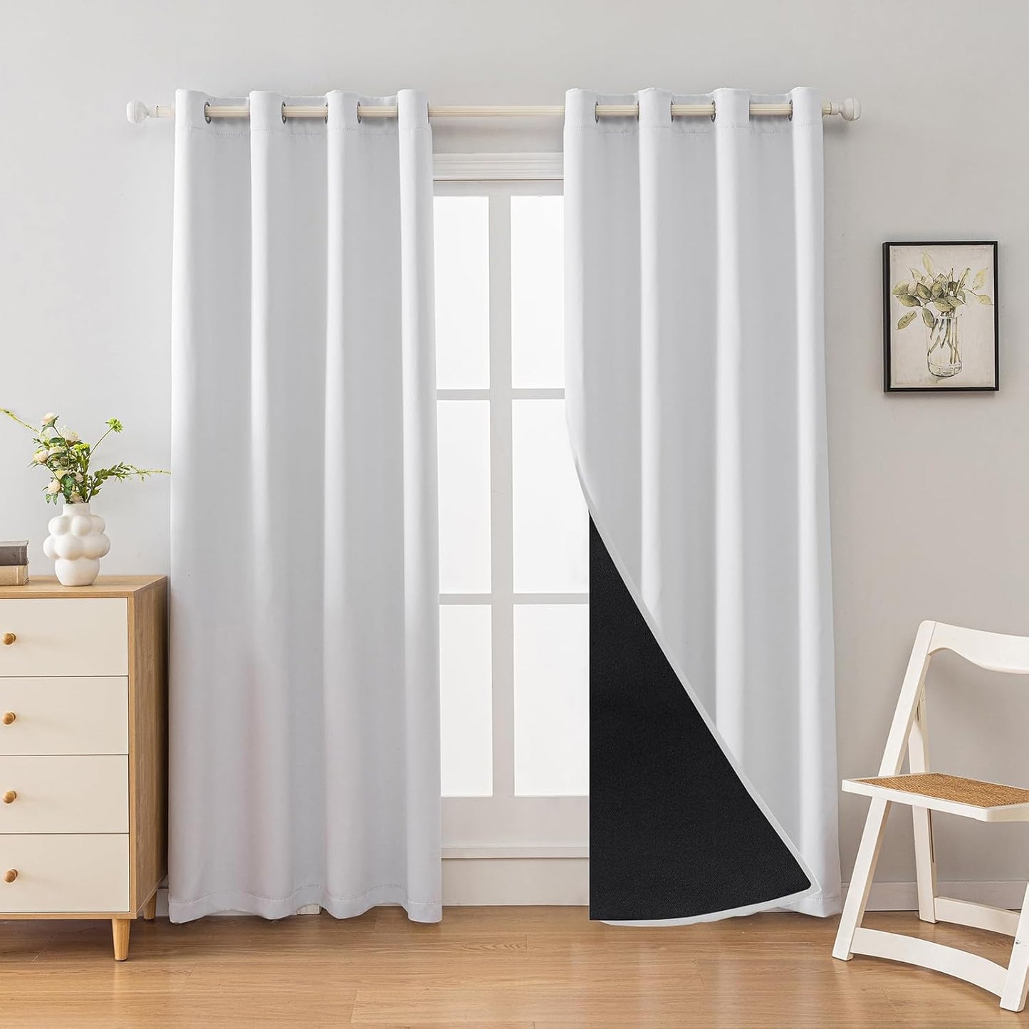 Anytime 100% Blackout Curtain Set, Thermal Insulated & Energy Efficiency Window Draperies for Guest Room, Full Shading Panels for Shift Worker and Light Sleepers（Greyish White, 2 Panels, 52W x 108L）