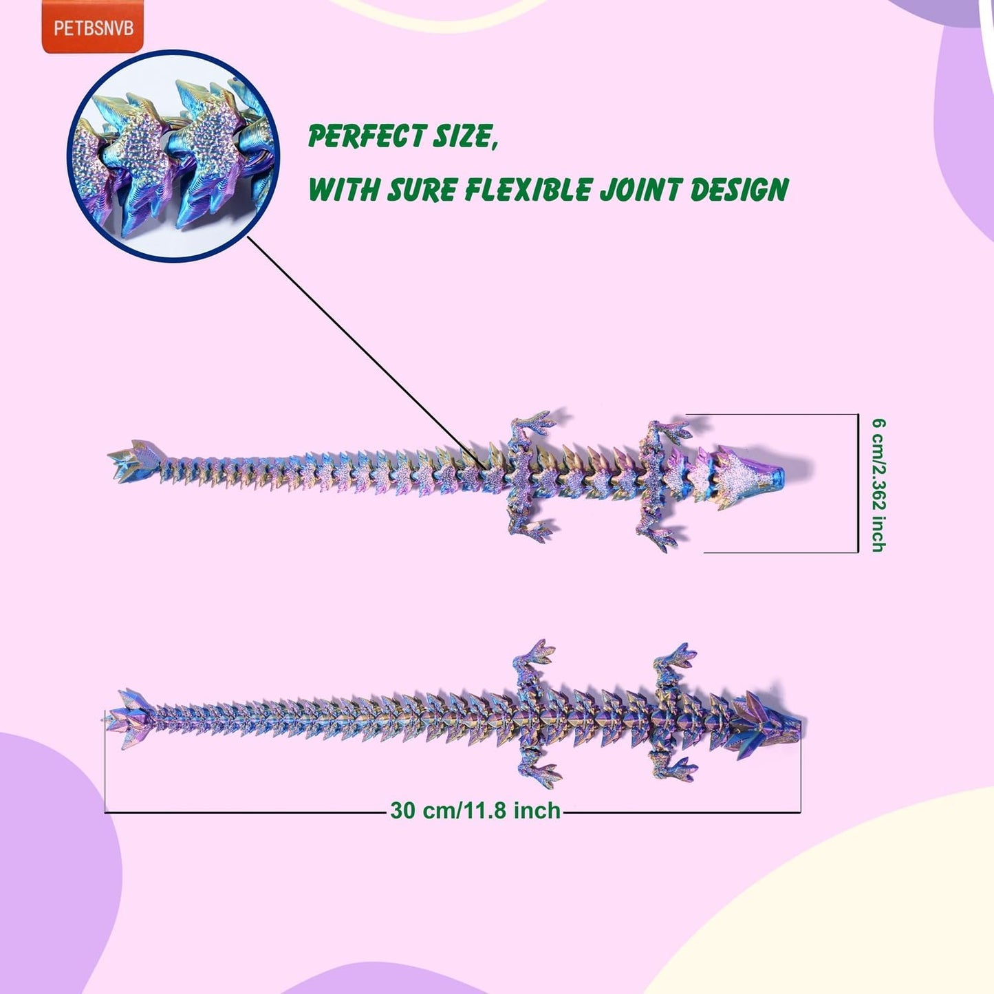 Three Color 12" 3D Printed Dragon, Articulated Dragon, Crystal Dragon, Dragon Fidget toy, Home Office Decor Executive Desk Toy (Yellow Head)