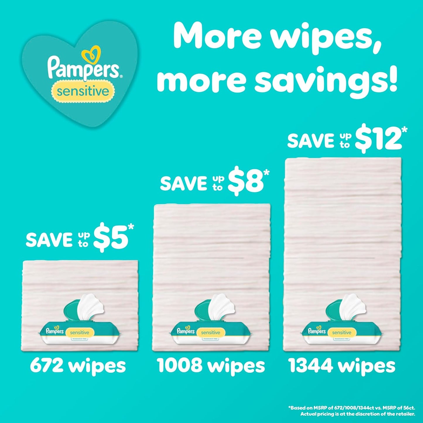 Pampers Baby Wipes, Sensitive, Water Based Wipe, Clinically Proven, Hypoallergenic, and Unscented for Babies, 672 Wipes Total (8 Flip-Top Packs) [Packaging May Vary]