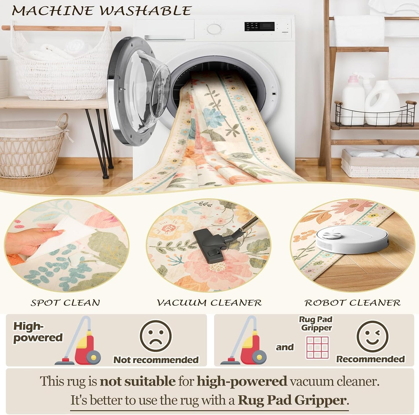 Floral 5x7 Area Rug Machine Washable Soft Print Boho Carpet Non Slip Doormat Low Pile Flower Area Rugs for Living Room Bedroom Nursery Kitchen Dining Room Indoor-Beige/White/Orange