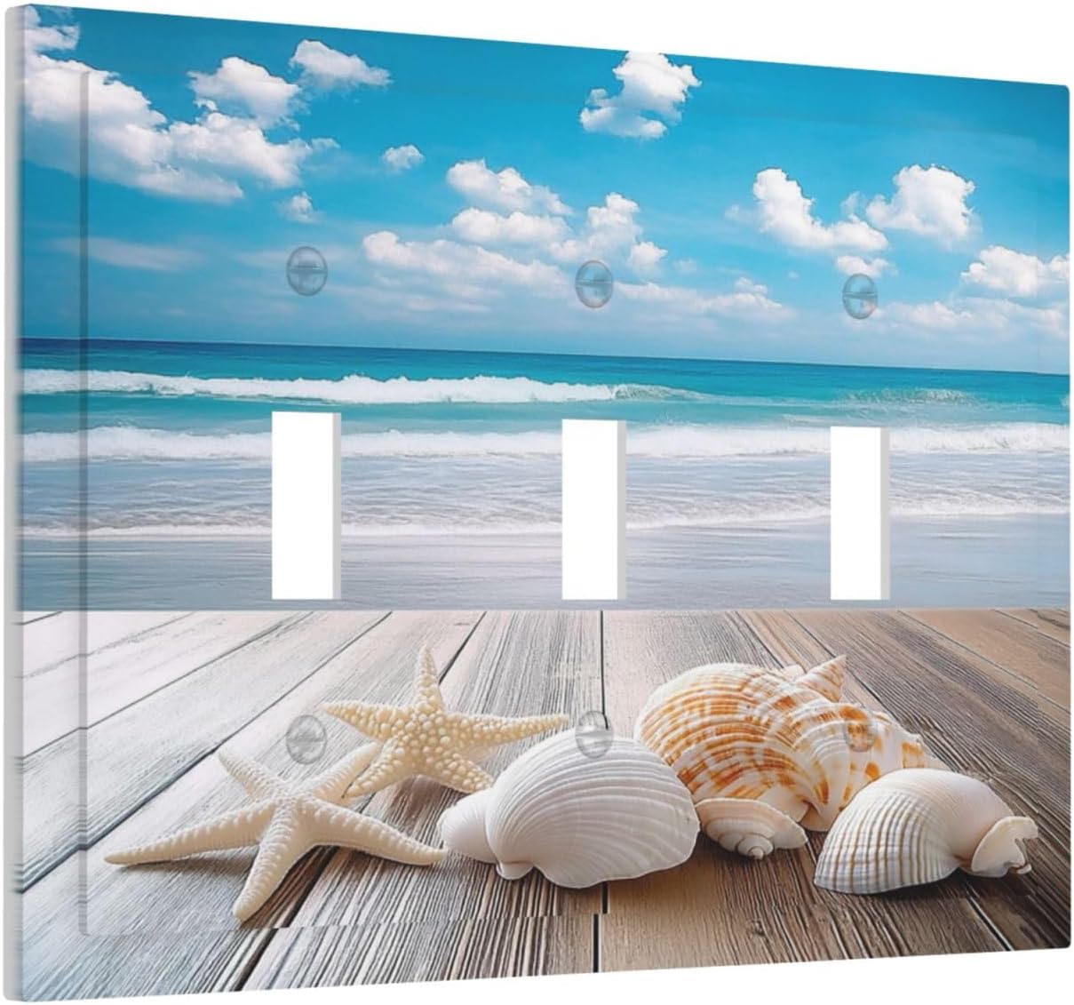 Decorative Switch Plates Beach Waves Brown Wood Starfish Shells 3 Gang Wall Plate Triple Toggle Light Switch Cover Faceplate Electrical Wall Panels For Bathroom Living Room Decor