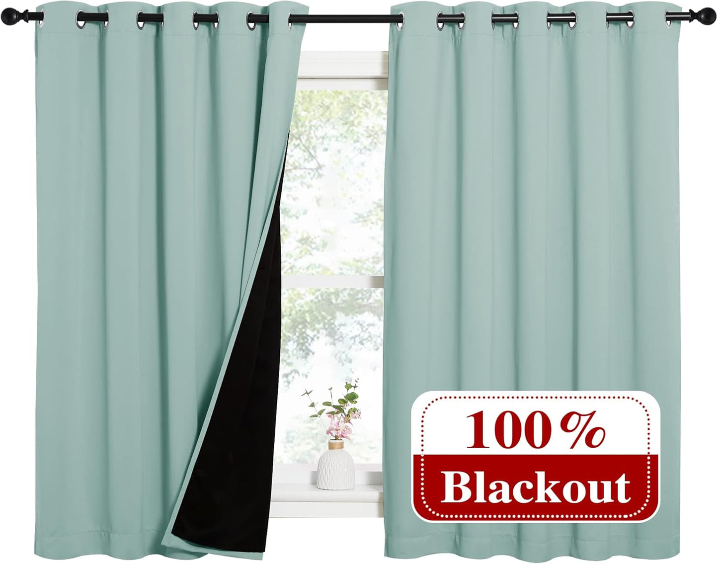 NICETOWN Aqua Blue 100% Blackout Lined Curtains, 2 Thick Layers Completely Blackout Window Treatment Thermal Insulated Drapes for Kitchen/Bedroom (1 Pair, 62" Width x 63" Length Each Panel)