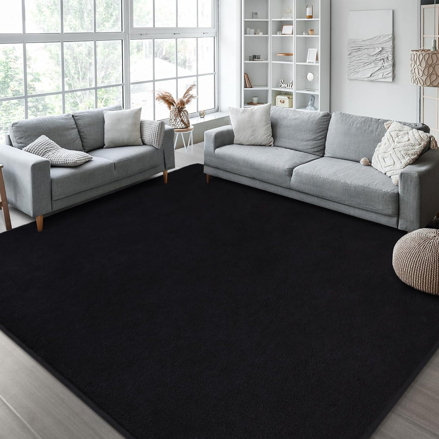 Kimicole 7x10 Washable Area Rugs for Living Room Bedroom, Large Low Pile Ulta-Thin Solid Color Rug, Non-Slip Soft Fluffy Carpet for Nursery Kids Room Dorm Room Home Decor (Black)