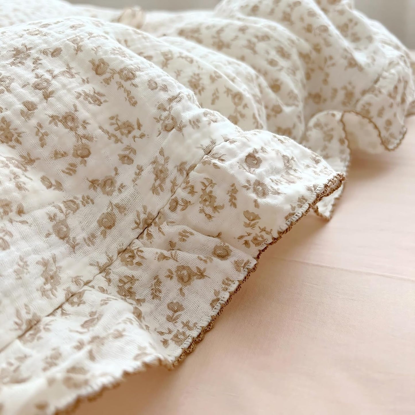 BuLuTu Camellia Floral Print Pillowcase King Muslin Cotton Pillow Case Chic Shabby Pillow Cover with Ruffles Enveloped Pillowcases, Machine Washable, 20x36 inch, 1 Piece