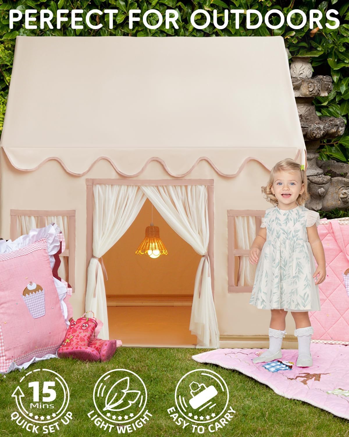 Large Kids Tent Playhouse Base Fabric with Star Lights, Flags and Tote Bags, Kids Play Tent Indoor & Outdoor, Washable Teepee Tent for Boys & Girls, Play House for Toddler, Neutral Color