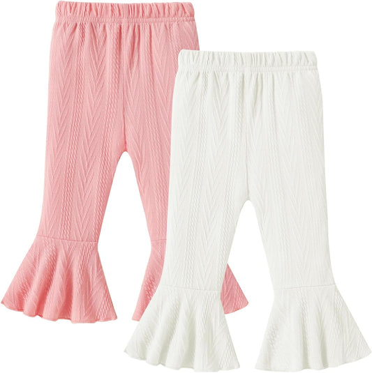 2 Pack Toddler Baby Girl Pants Flare Leggings Ribbed Knit Newborn Bell Bottoms Solid Ruffle Infant Pants for Girls