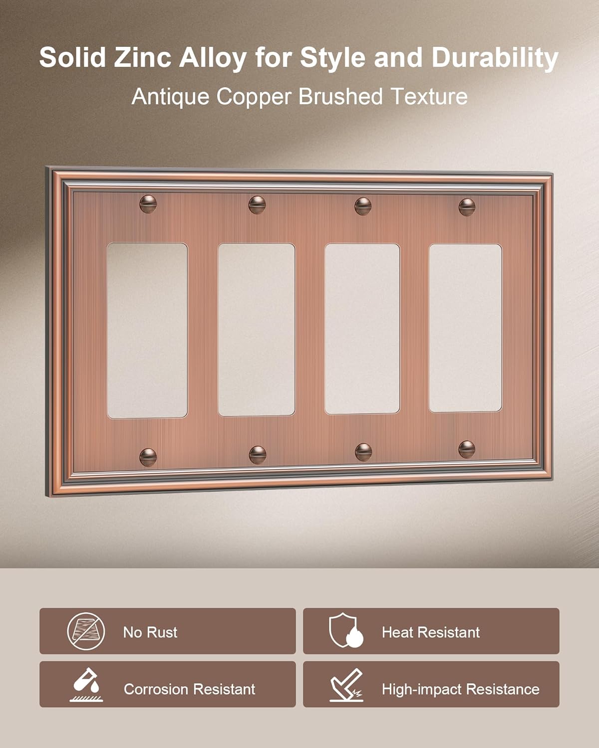 2-Pack Quad Decorator Outlet Cover Plate, Zinc Alloy Antique Copper Switch Plates and Outlet Covers, 4 Gang Wall Plates for Electrical Outlets, Receptacle, GFCI Outlet, Dimmer Switch