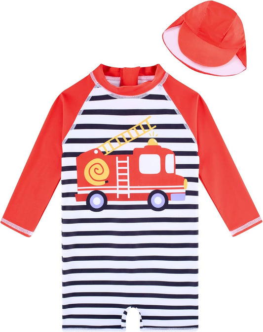 uideazone Baby Boys One Piece Swimsuit Long Sleeve UPF 50+ Rash Guard Bathing Suit Swimwear with Sun Hat 0-24 Months