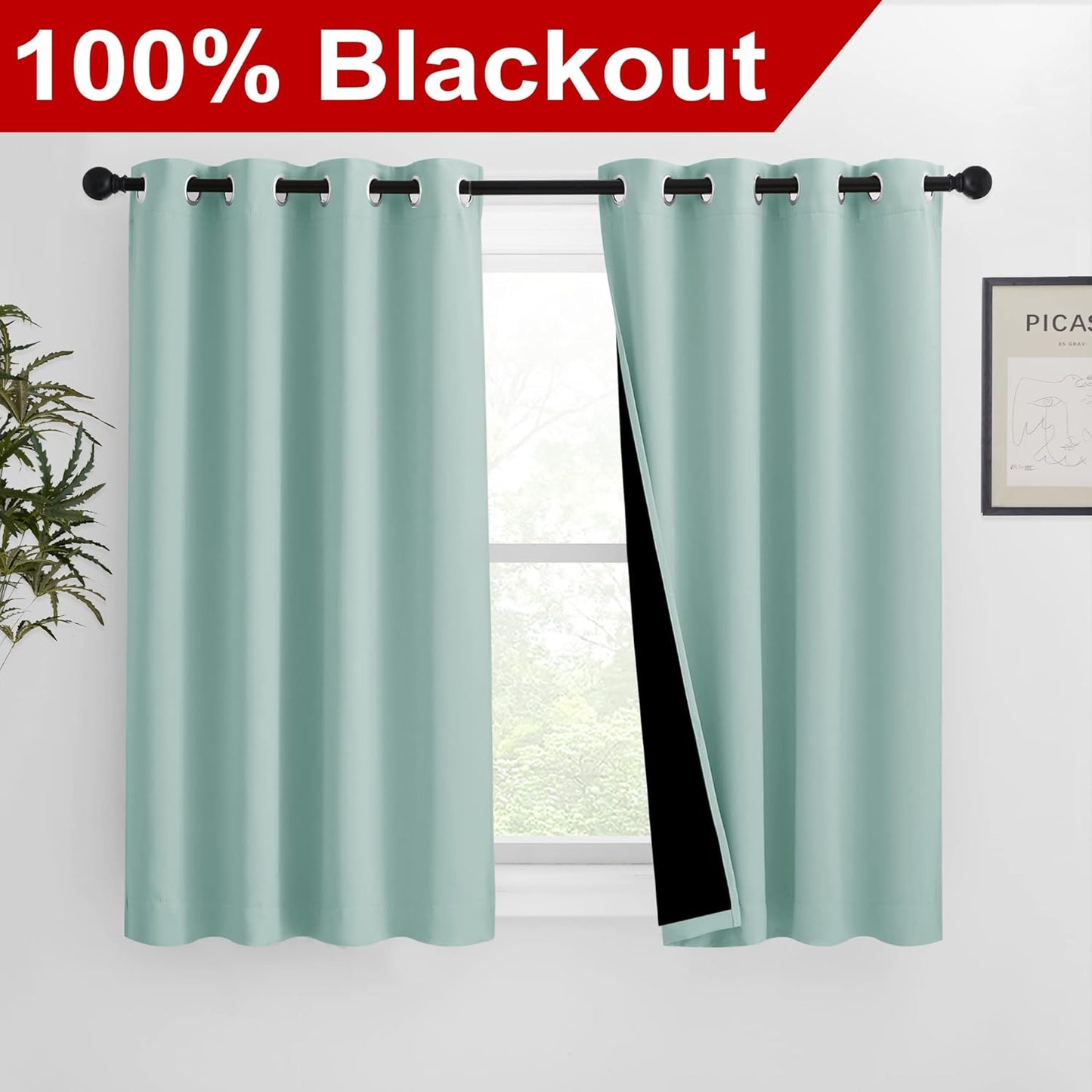NICETOWN 100% Blackout Curtains 54 inches Long, Double-Deck Completely Blackout Window Treatment Thermal Insulated Lined Drapes for Small Window (Aqua Blue, 1 Pair, 46 inches Width Each Panel)