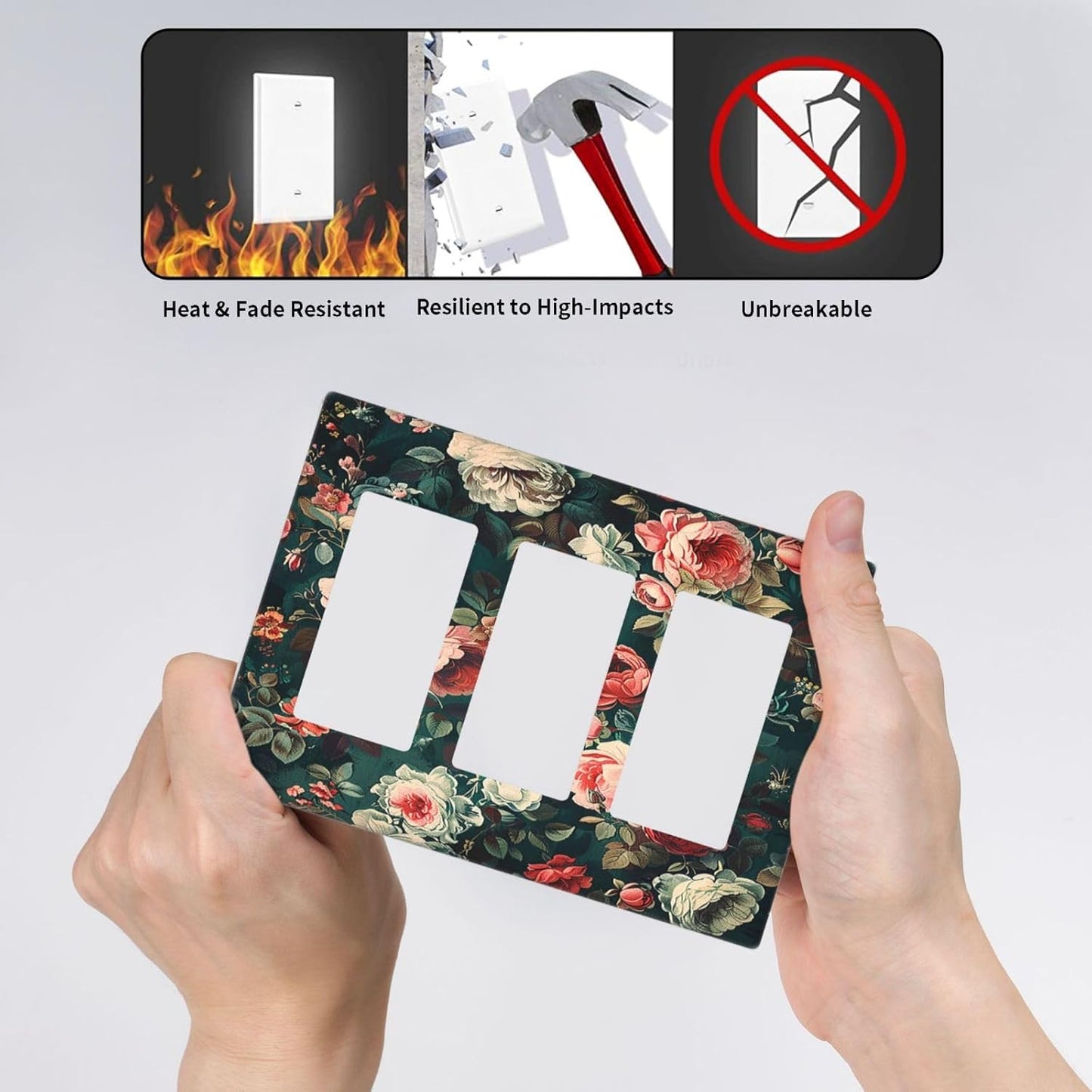 Light Switch Covers Baroque Vintage Peony Flower Floral 3 Gang Rocker Electrical GFCI Decorative Triple Outlet Wall Plate Cover Switchplate for Bedroom Farmhouse Decor