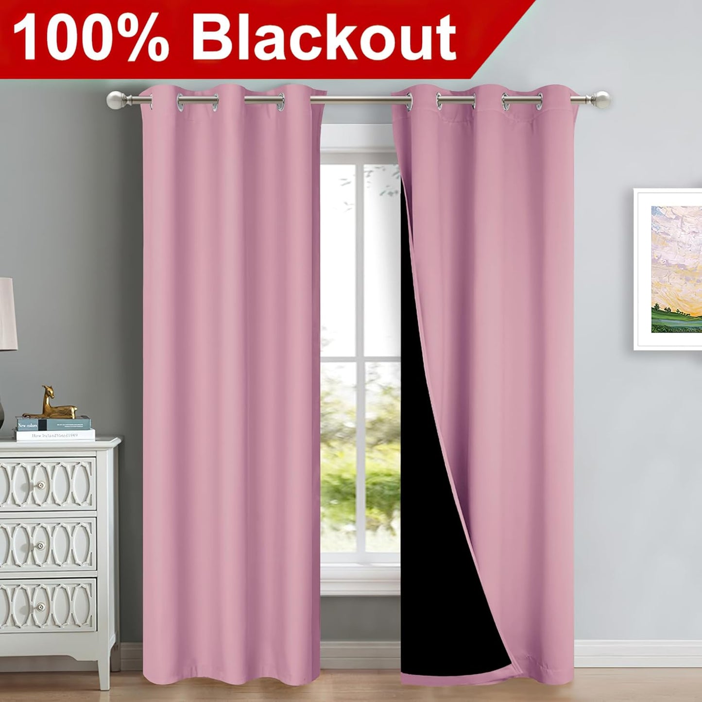 NICETOWN Crystal Pink Full Shade Curtain Panels, Pair of Thermal Insulated & Energy Efficiency Blackout Curtains for Living Room Windows, Lined Silky Performance Window Dressing (42" Wide x 84" Long)