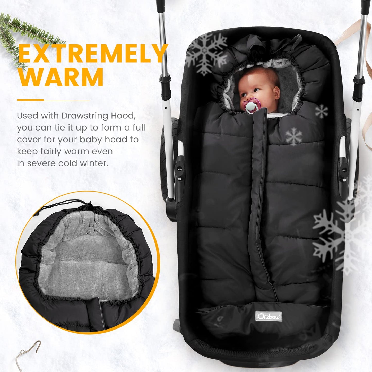 Orzbow Warm Bunting Bag Universal, Stroller Sleeping Bag Cold Weather, Waterproof Toddler Footmuff (Black, Large)