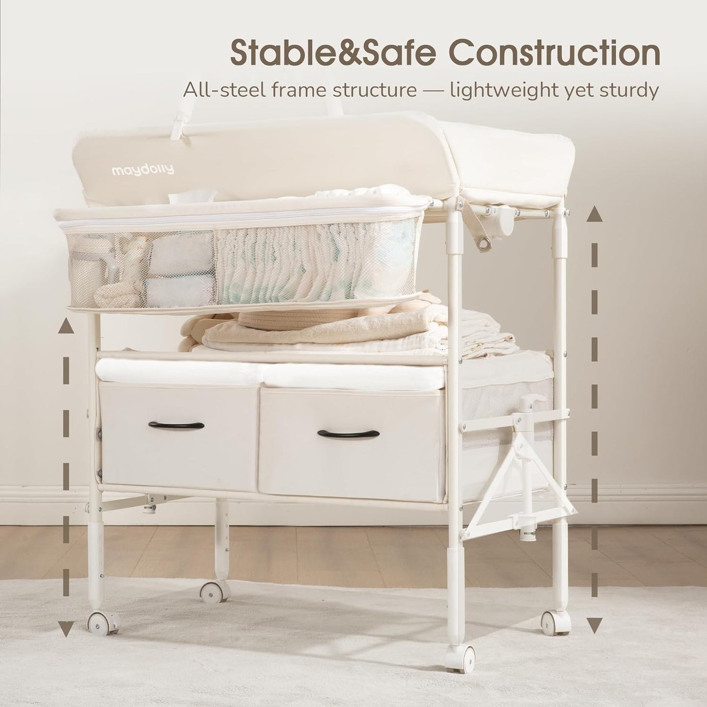 Baby Changing Table with Wheels, Maydolly Portable Foldable Changing Table, Waterproof Diaper Changing Station, Adjustable Height Changing Station, Mobile Nursery for Newborn and Infant (Beige)
