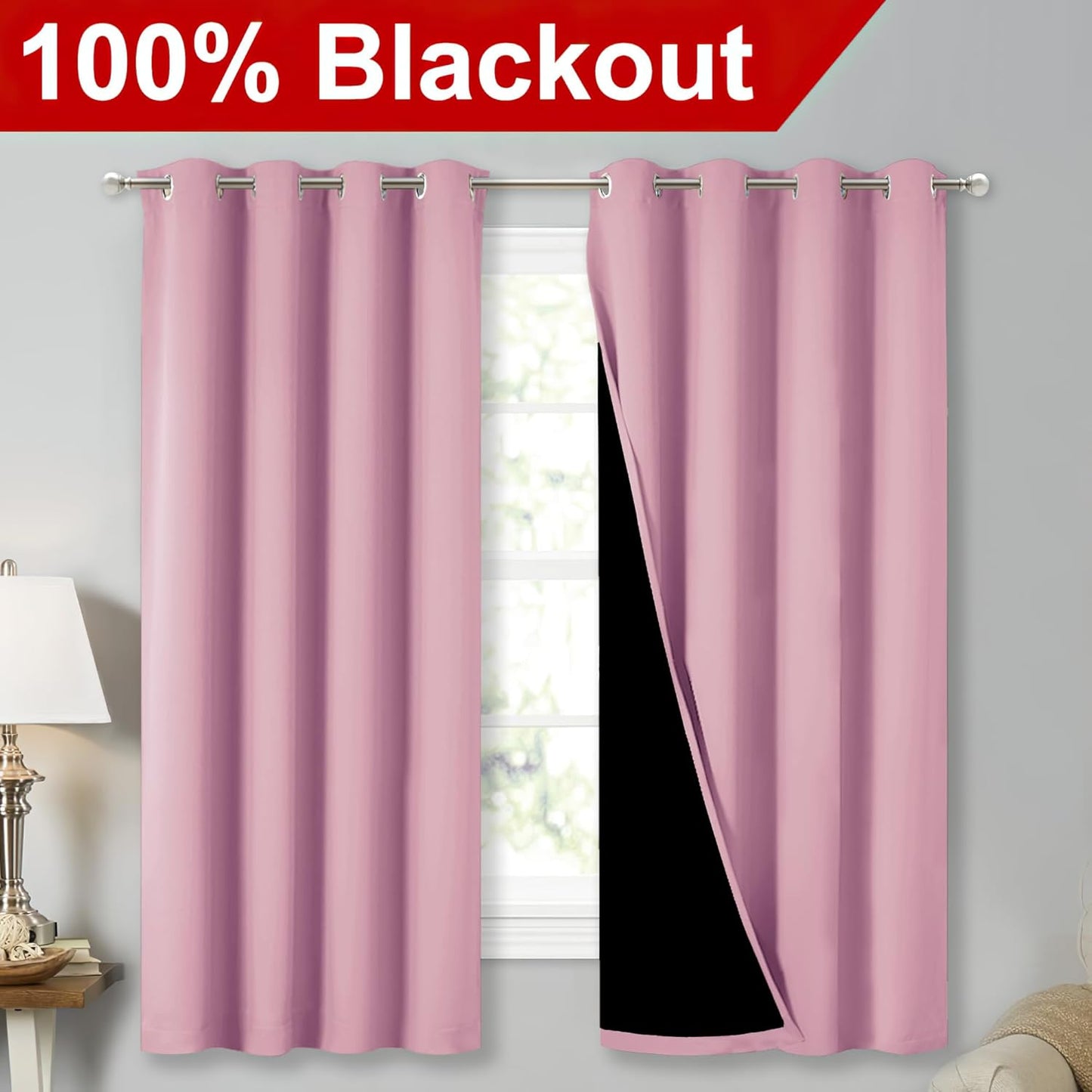 NICETOWN 100% Blackout Curtains with Black Liners, Thermal Insulated Full Blackout 2-Layer Lined Drapes, Energy Efficiency Window Draperies for Bedroom (Crystal Pink, 2 Panels, 52-inch W by 63-inch L)