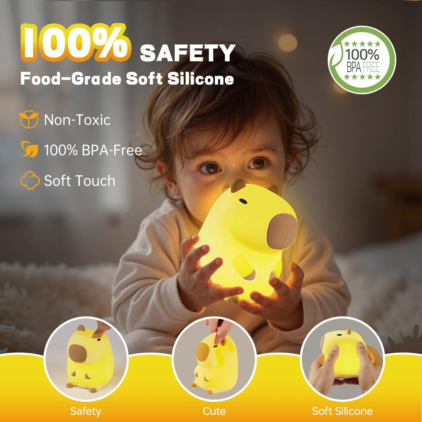 Capybara Night Light for Kids, Cute Capybara Lamp Silicone Baby Nursery Night Lamp, Dimmable Squishy Touch Bedside Lamps, Adorable Rechargeable Animal Lamps Gifts Kawaii Room Decor for Kids Girls Boys