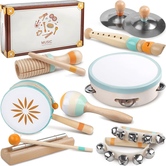 Baby Musical Instruments - Montessori Musical Toys for Toddlers 1-3, Wooden Percussion Instruments Set, Neutral Colors Modern Boho Music Toys for 1 Year Old, Kids Preschool Educational Birthday Gifts