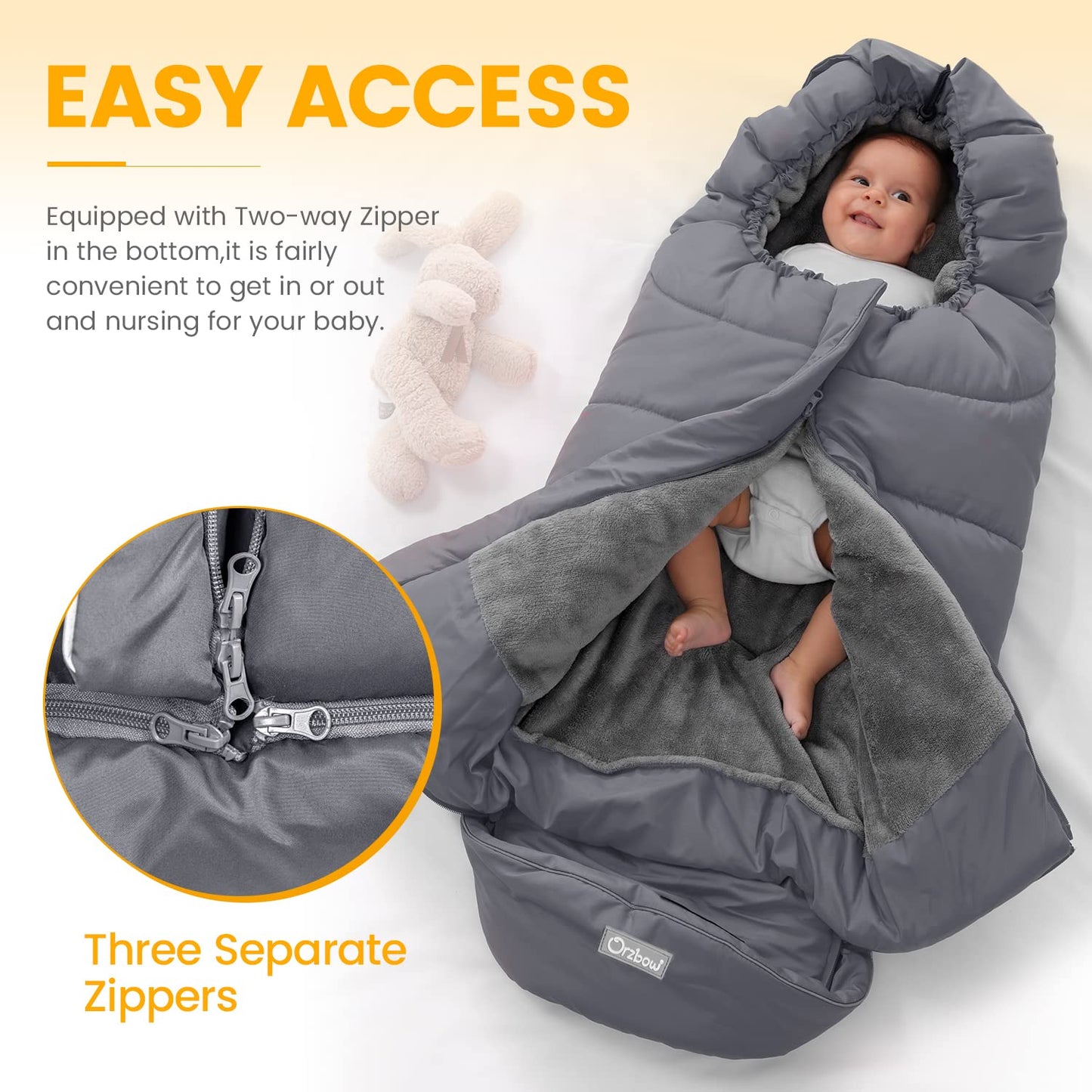 Orzbow Warm Bunting Bag Universal,Stroller Sleeping Bag Cold Weather,Waterproof Toddler Footmuff (Grey, Large)