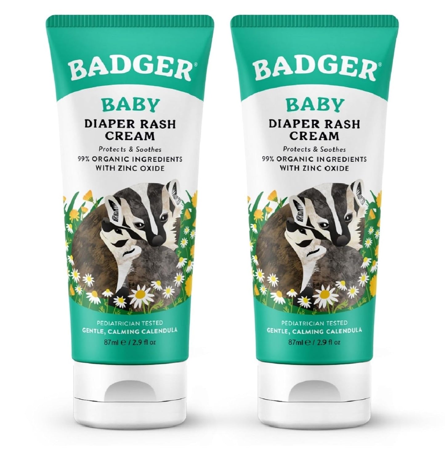 Badger Diaper Cream, 99% Organic Diaper Rash Cream for Baby, Zinc Oxide Ointment w/Soothing Calendula Cream for Sensitive Baby Skin, 2.9 fl oz, 2-Pack