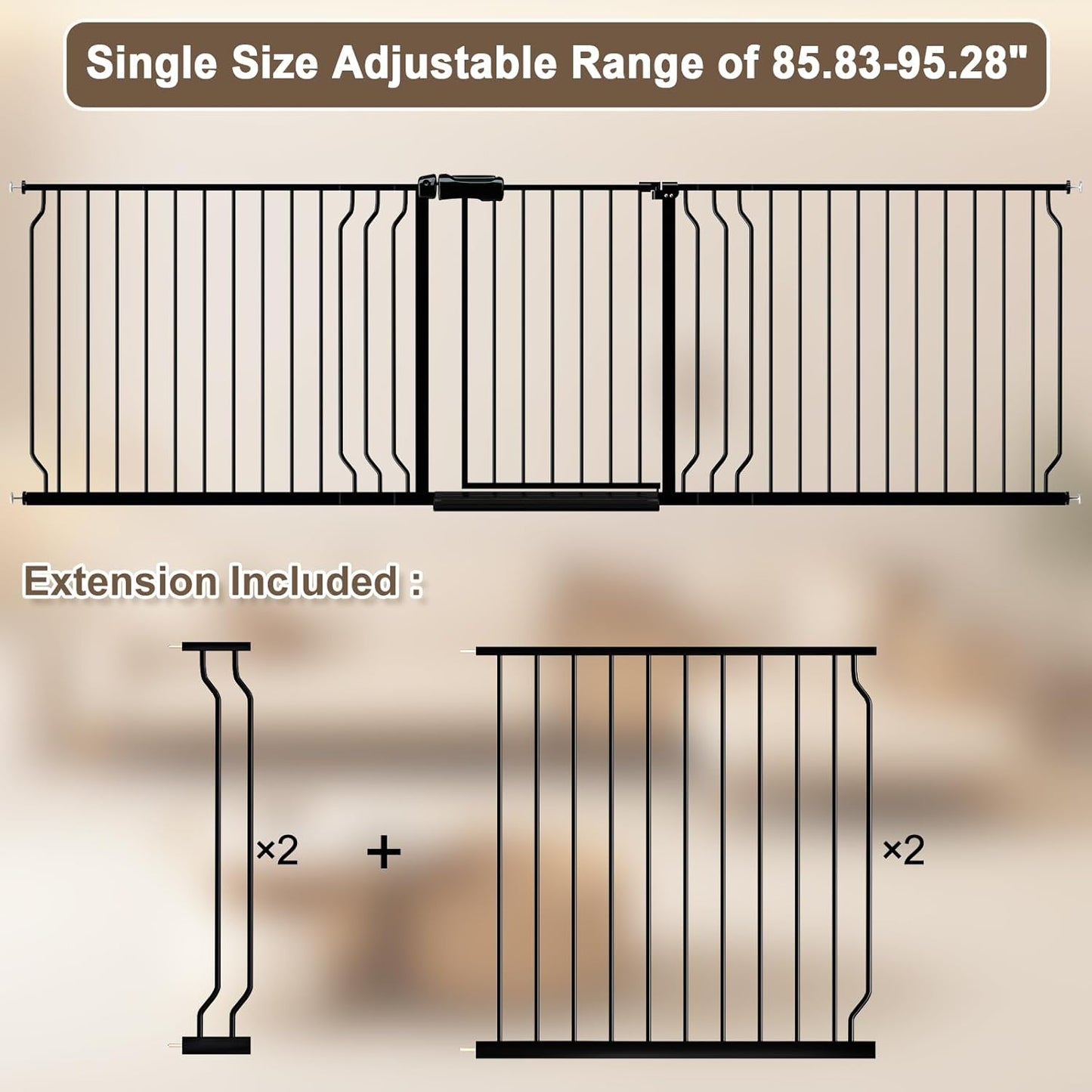 WAOWAO Baby Gate 85.83-95.24" Extra Wide Pressure Mounted Walk Through Swing Auto Close Safety Black Metal Toddler Kids Child Dog Pet Puppy for Stairs,Doorways,Kitchen