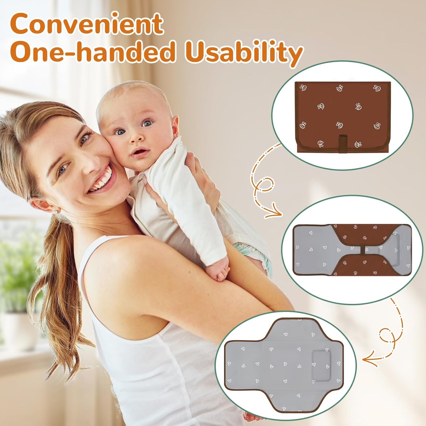 Portable Diaper Changing Pad, Waterproof Baby Changing Mat, Foldable Travel Baby Changing Station, Newborn Essential Baby Shower Registry Gift (Brown-Bee)