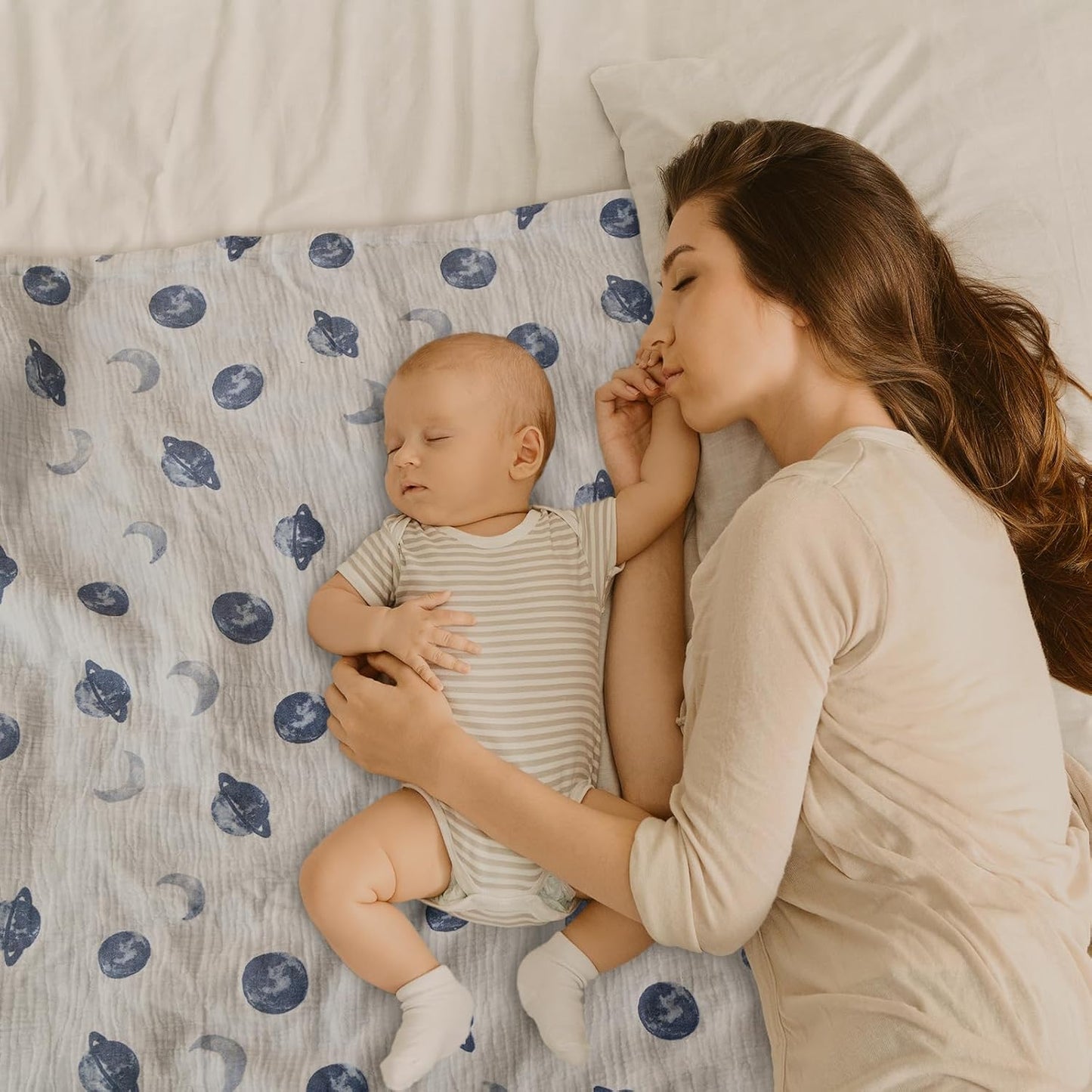 GLLQUEN BABY Blankets for Unisex Boys Girls, 2-Pack Muslin Cotton Front Soft and Breathable, and Dotted Fleece Backing, Printed Bed Nursery Minky Blankets for Toddler Newborn, Space, 30 x 40 inches