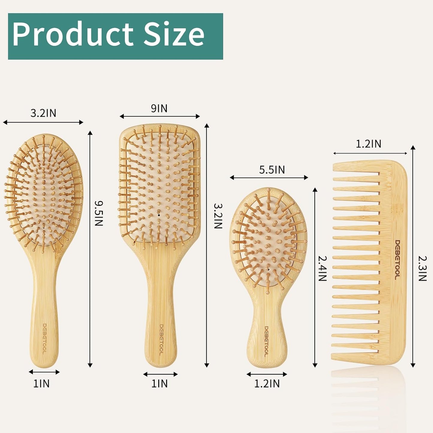 Bamboo Hair Brush Set, Natural Wooden Bamboo Comb Paddle Detangling Hairbrush for Hair Growth - Wide-tooth and Tail Comb Suitable for Thick/Thin/Curly/Dry Hair