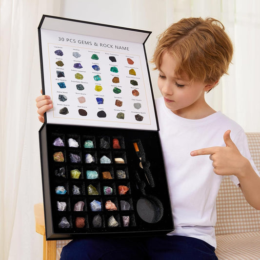 Rock Collection for Kids - 30 Pcs Rocks, Gemstones & Crystals Kit with Learning Guide,Mineral Education Set Geology Science STEM Toys, Earth Science Activity,Gifts for Boys & Girls
