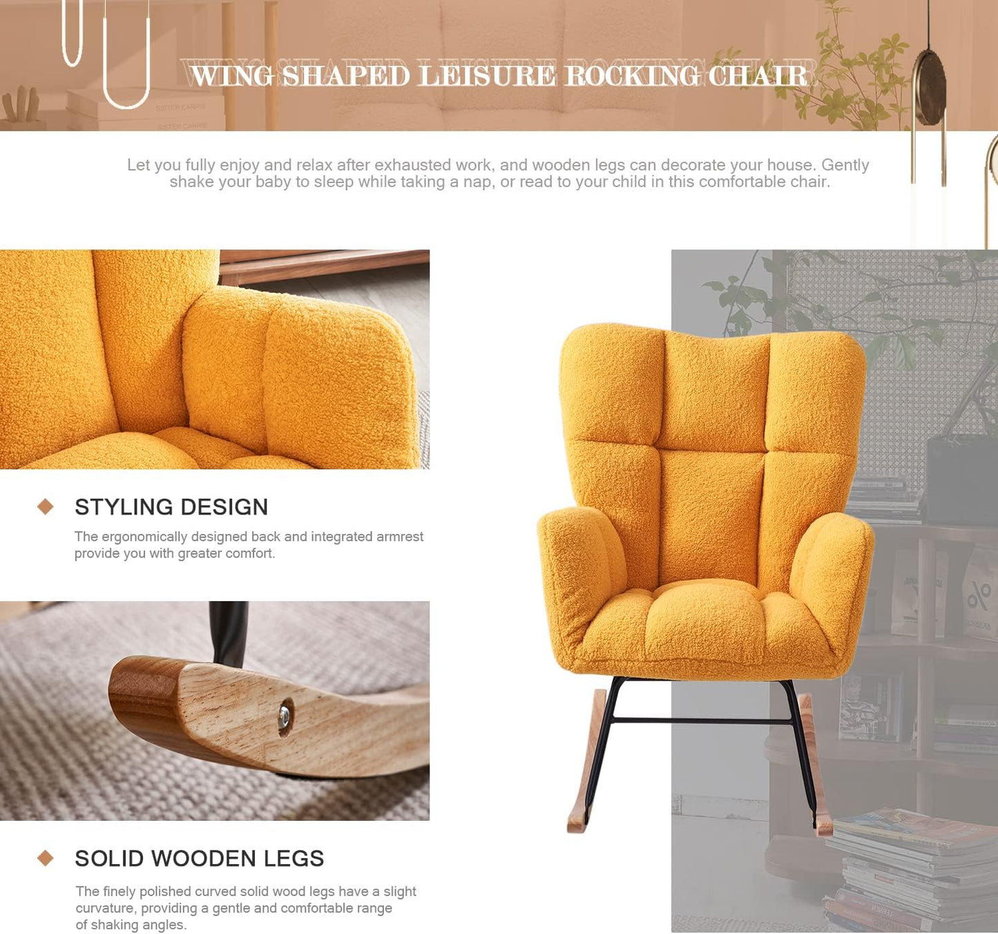 Nursery Rocking Chair, Teddy Upholstered Glider Rocker with High Backrest Armchair, Modern Rocking Accent Chairs for Nursery, Living Room, Bedroom, Offices (Yellow)