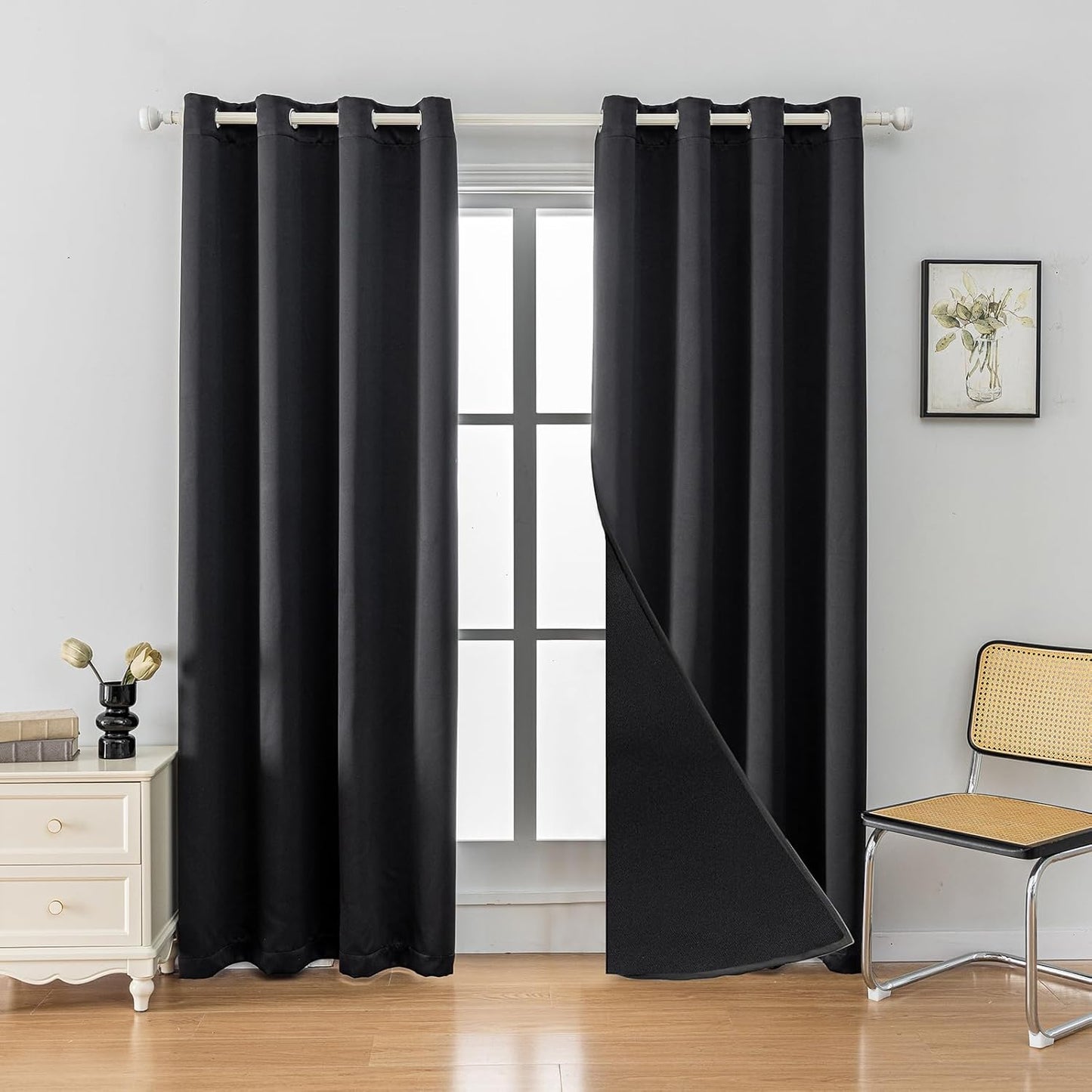 Anytime 100% Blackout Curtain Set, Thermal Insulated & Energy Efficiency Window Draperies for Guest Room, Full Shading Panels for Shift Worker and Light Sleepers（Black, 2 Panels, 52W x 90L）