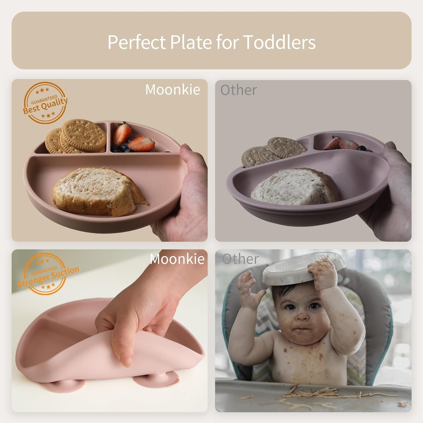 Moonkie Suction Plates for Baby | 100% Silicone BPA-Free Baby Plates with Lids and Food Cover | Divided Design | Microwave and Dishwasher Safe | Toddler Plates 2 Pack
