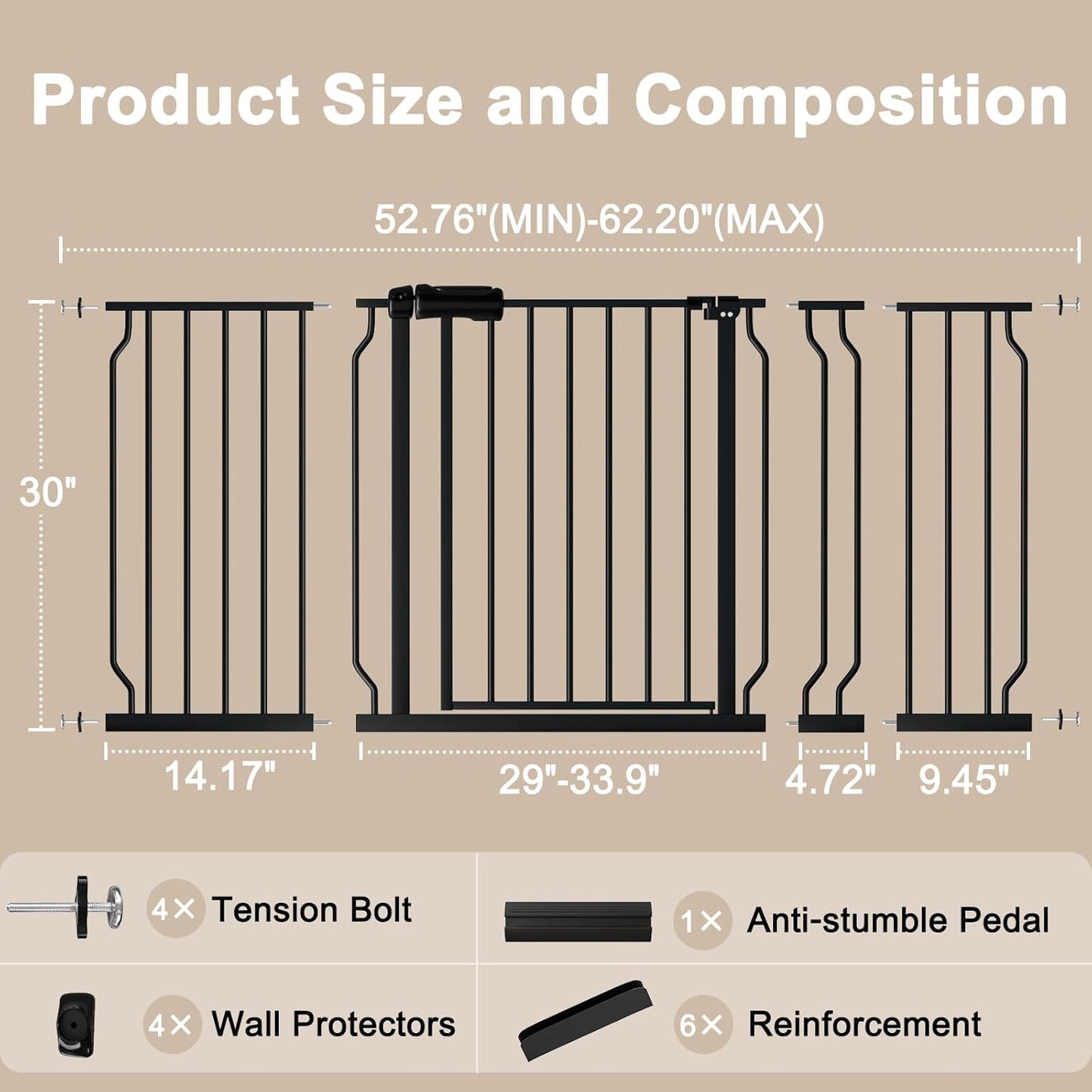 WAOWAO Baby Gate 52.76-62.2" Extra Wide Pressure Mounted Walk Through Swing Auto Close Safety Black Metal Toddler Kids Child Dog Pet Puppy for Stairs,Doorways,Kitchen