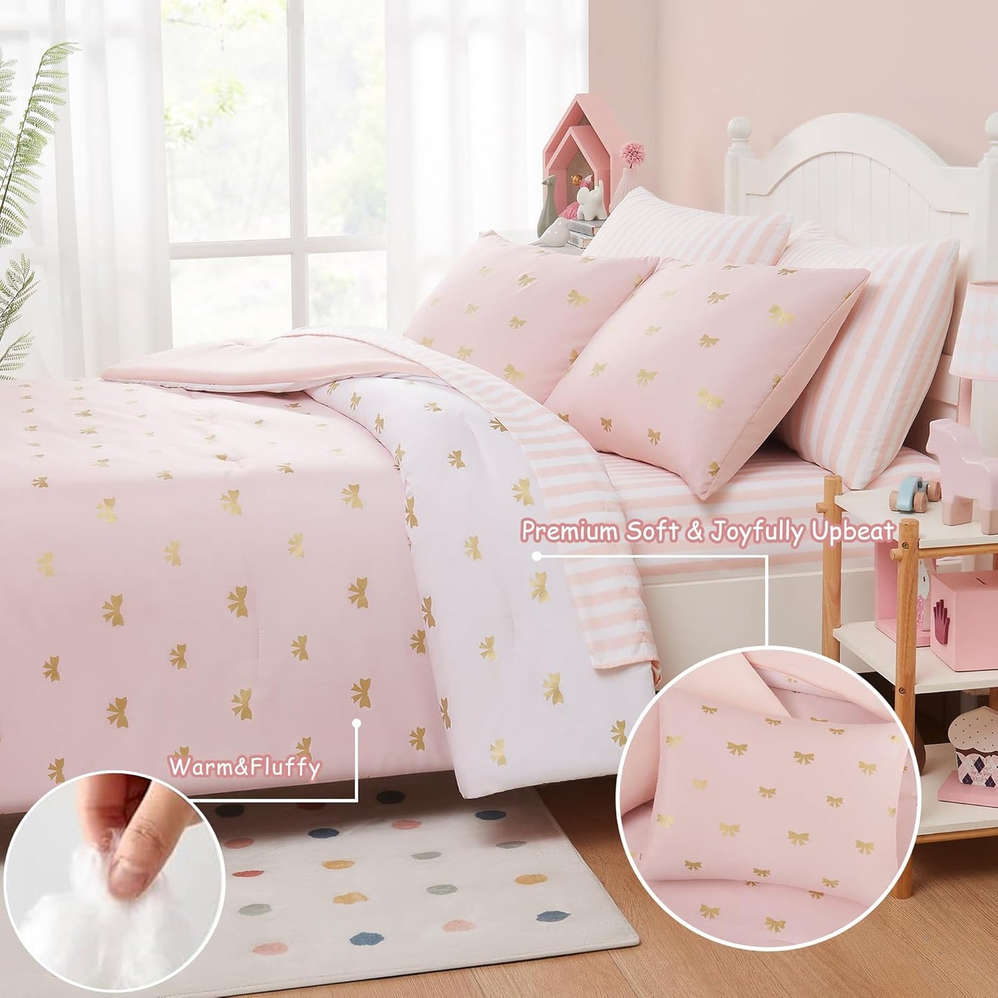 Queen Comforter Set with Sheets for Girls-7 Pieces Queen Bedding Sets with Pink Comforter, Sheets, Pillowcases & Shams for Kids (Pink Gold Bow, 90" X 90")