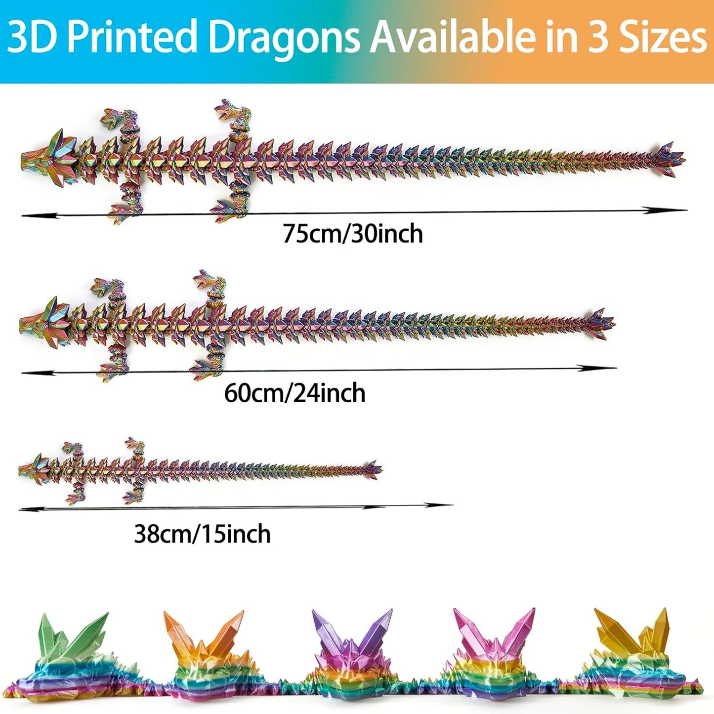 3D Printed Dragon, 3D Dragon,24 Inch 3D Printed fidget Dragon, Bigger Fidget Crystal Dragon Toys, 3D Printed Articulated Dragon for Home Office Car Desk Decor Toys (Red Yellow Blue)