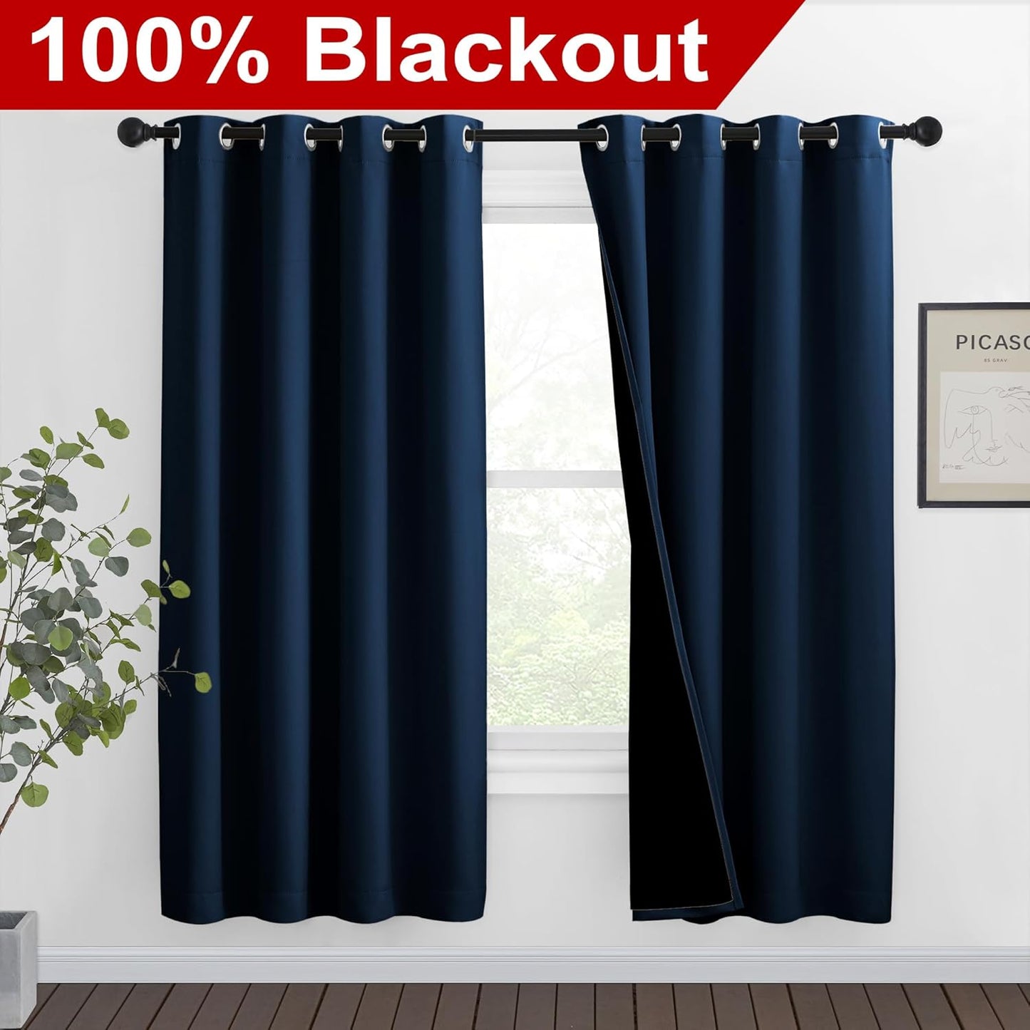 NICETOWN Moroccan Blue Full Shade Curtain Panels, Pair of Thermal Insulated & Energy Efficiency Blackout Drapes for Living Room Windows, Lined Silky Performance Window Dressing (46" Wide x 72" Long)